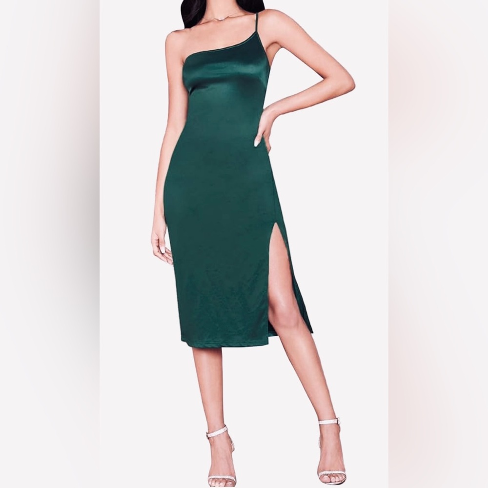 💎 2/$50  NWOT ROMWE one shoulder midi satin slip dress (pine green)